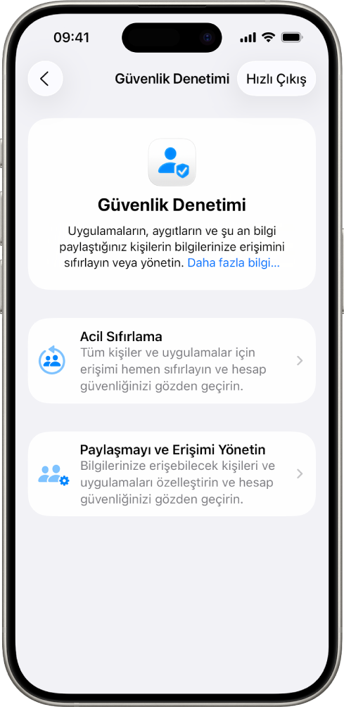 Güvenlik Denetimi ekranını gösteren bir iPhone.