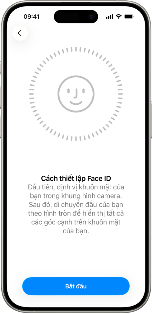 Màn hình thiết lập nhận dạng Face ID. Một khuôn mặt đang hiển thị trên màn hình, được bao quanh trong một vòng tròn. Văn bản bên dưới đó hướng dẫn người dùng di chuyển chậm đầu của họ để hoàn thành vòng tròn.