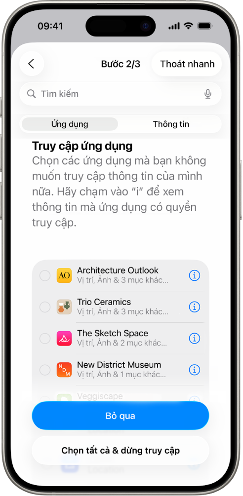 Một màn hình Kiểm tra an toàn đang hiển thị thông tin được chia sẻ với những ứng dụng cụ thể.