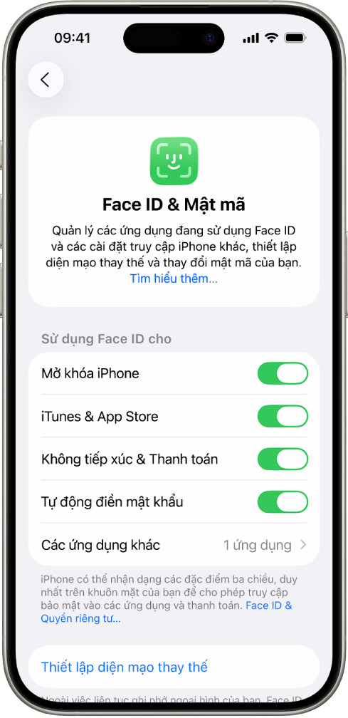 Màn hình Face ID của iPhone đang cho thấy Face ID có thể được sử dụng cho những tính năng gì, ví dụ như Mở khóa iPhone, iTunes & App Store, Ví & Apple Pay và Tự động điền mật khẩu.