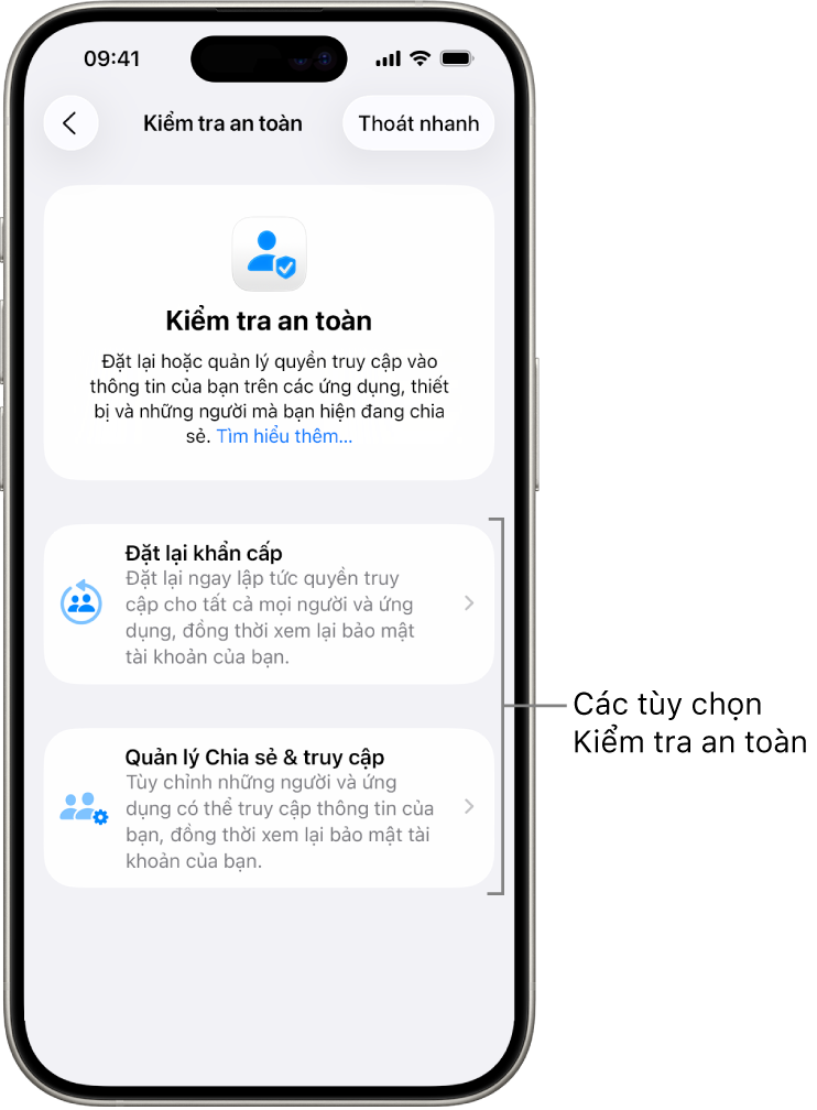 Một màn hình đang hiển thị hai tùy chọn có sẵn với Kiểm tra an toàn: Đặt lại khẩn cấp và Quản lý Chia sẻ & truy cập.