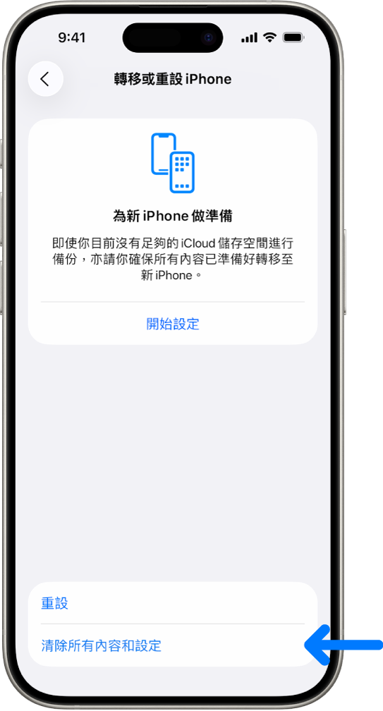 iPhone 螢幕顯示「清除所有內容和設定」選項已選取。