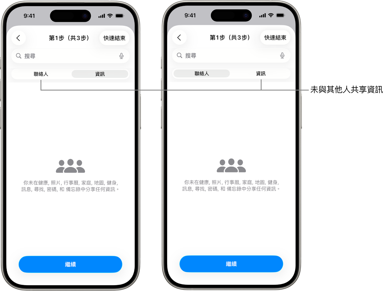 畫面顯示使用者藉由選取「人員」和「資訊」標籤頁,不再與其他任何人分享任何資訊。