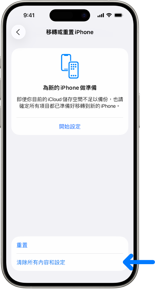 iPhone 畫面顯示「清除所有內容和設定」為所選的選項。
