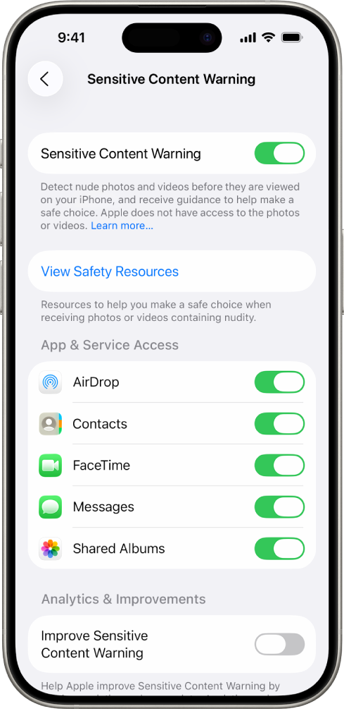 An iPhone showing the Sensitive Content Warning screen.