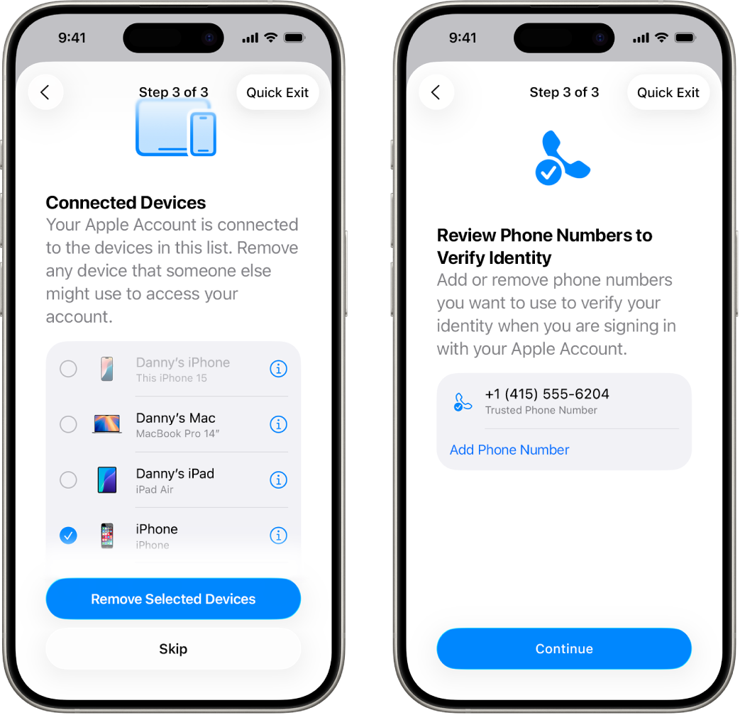 Two iPhone screens showing (1) a selected device to remove from trusted devices and (2) a screen to edit trusted phone numbers.