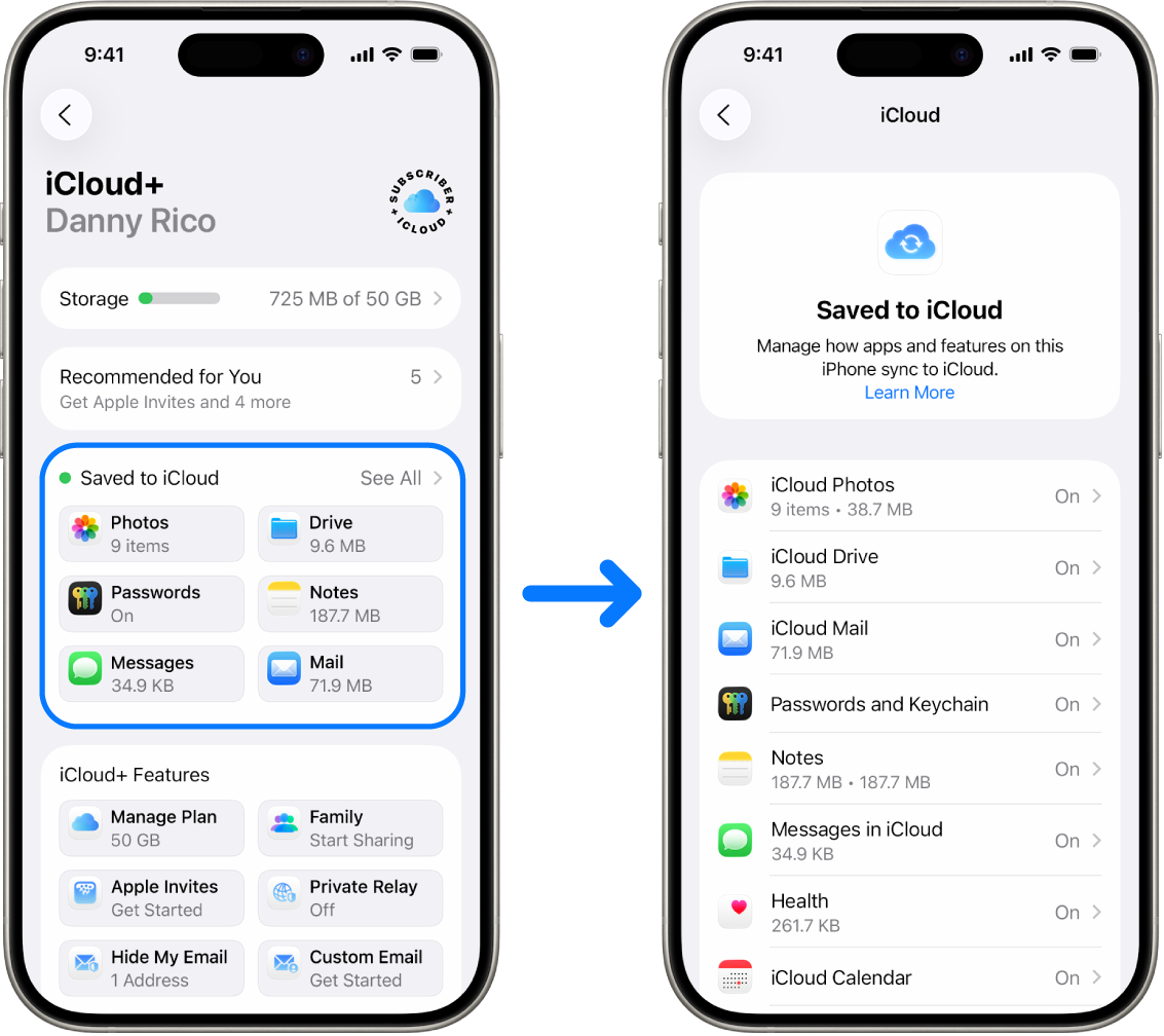 An iPhone showing an Apple Account account signed in with various iCloud services turned on.