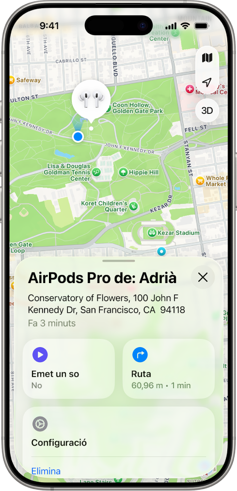 Pantalla de l’app Cerca de l’iPhone. La ubicació dels AirPods Pro es mostra en un mapa de San Francisco, juntament amb l’adreça i les opcions “Emet un so”, “Ruta” i “Configuració”.