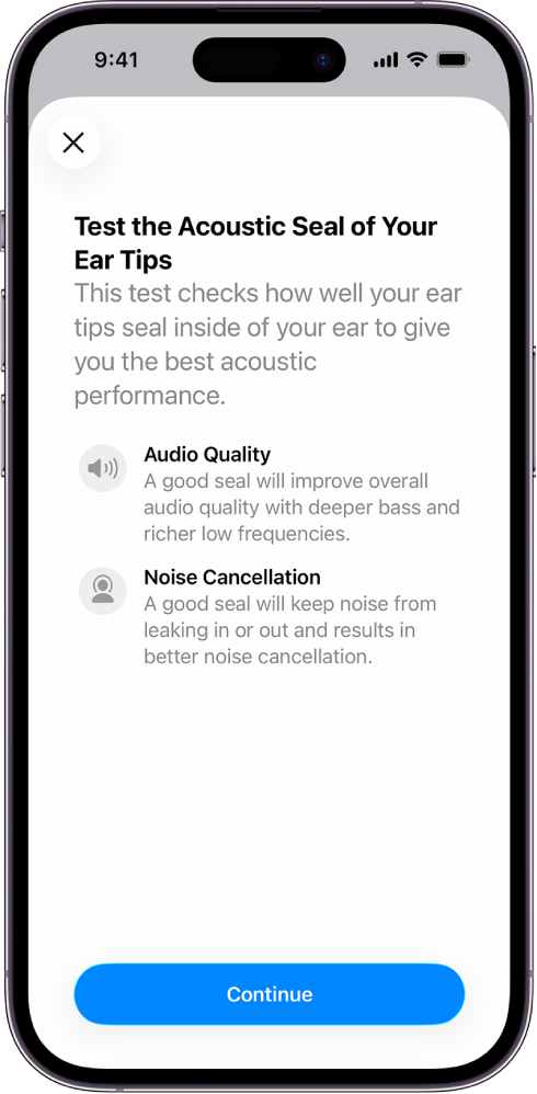 An iPhone screen displaying a test to measure the acoustic seal of AirPods Pro 3.