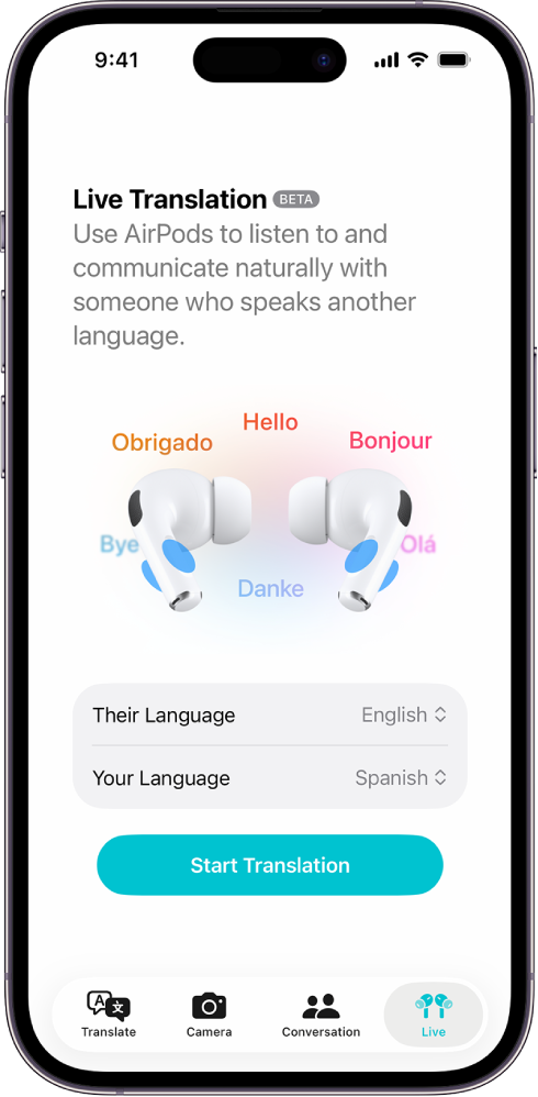 The Translate app on iPhone showing the Live Translation screen. The screen shows two pop-up menus for choosing the other person’s language and your language, and a button to start Live Translation.