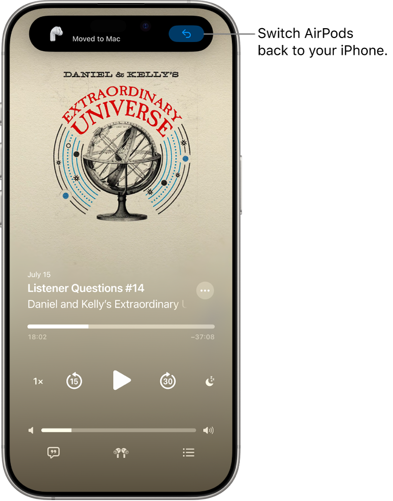 The Lock Screen on iPhone with a message at the top reading “Moved to Mac” and a button to switch the AirPods back to iPhone.