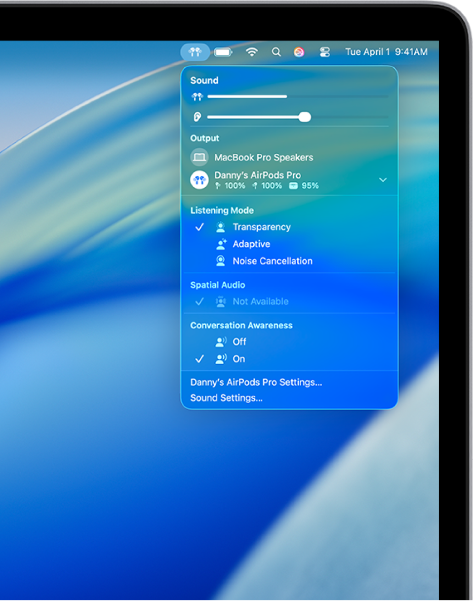 The AirPods icon is selected on the right side of the menu bar on Mac. For AirPods Pro, Transparency is selected below Listening Mode and Conversation Awareness is on.