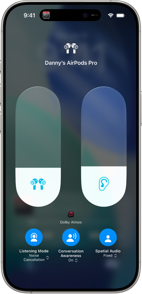 The volume screen in Control Center showing the volume level for AirPods Pro. Below the volume indicator on the left is the Listening Mode icon, indicating that Noise Cancellation is on.