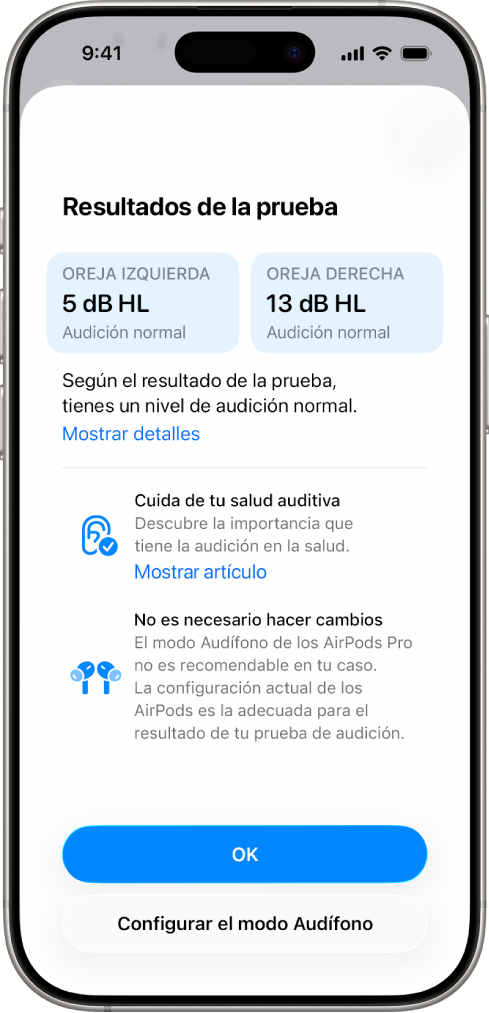 Los resultados de una prueba de audición en un iPhone que muestran pérdida auditiva moderada en ambos oídos. En la parte inferior hay opciones para tocar OK o “Configurar audífono”.