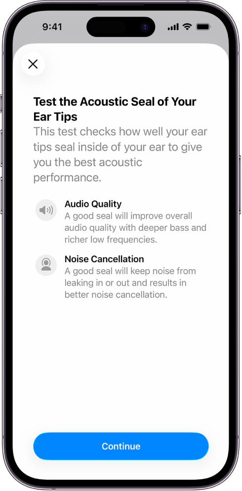 iPhone’i ekraanil kuvatakse testi, millega saab mõõta AirPods Pro 3 akustilise tihenduse määra.