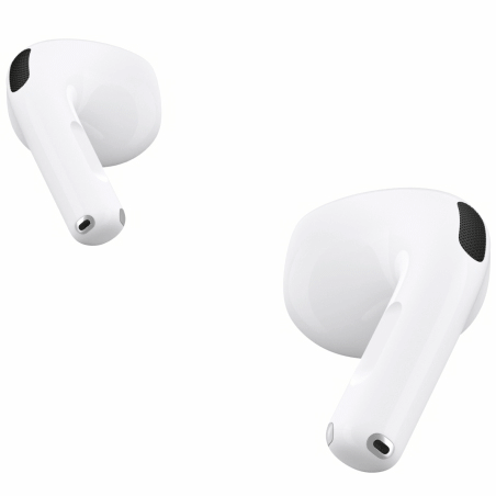Kuvassa on AirPods 4 -kuulokkeet. Toisen AirPod-kuulokkeen vartta painetaan.