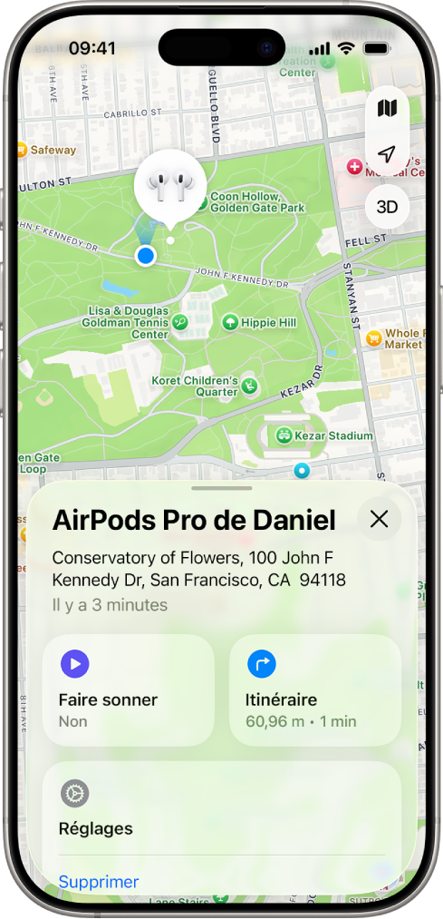 Un écran de l’app Localiser sur un iPhone. La position des AirPods Pro est affichée sur un plan de San Francisco avec une adresse et les options Faire sonner, Itinéraire et Réglages.