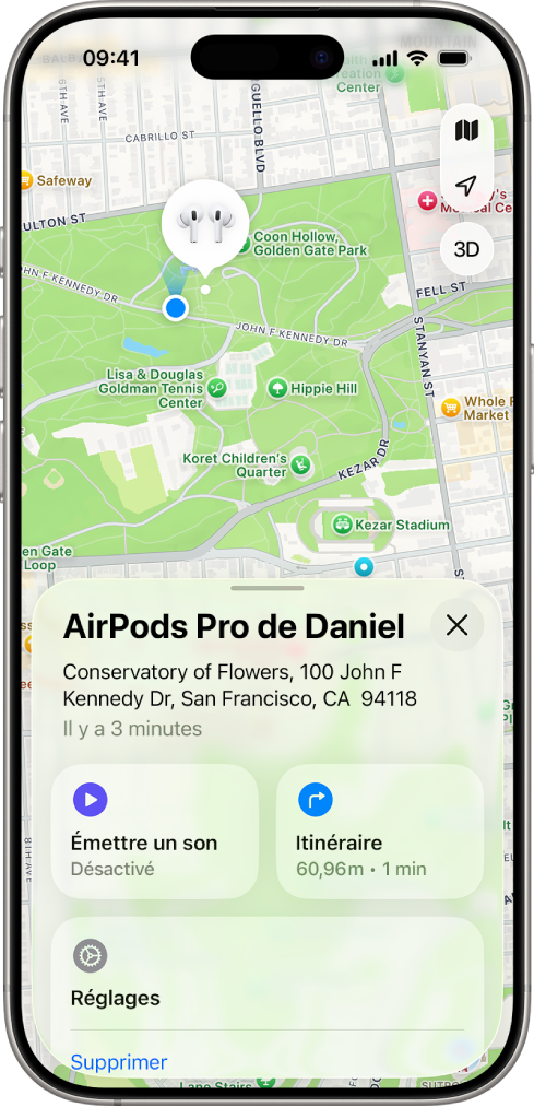 Un écran de l’app Localiser sur l’iPhone. L’emplacement des AirPods est indiqué sur un plan de San Francisco, avec une adresse et les options « Émettre un son » et Itinéraire.