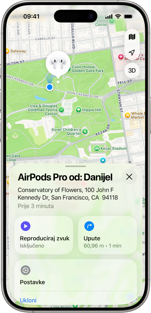 Zaslon aplikacije Pronalaženje na iPhoneu. Lokacija slušalica AirPods Pro prikazana je na karti San Francisca, s navedenom adresom i opcijama Reproduciraj zvuk, Upute i Postavke.