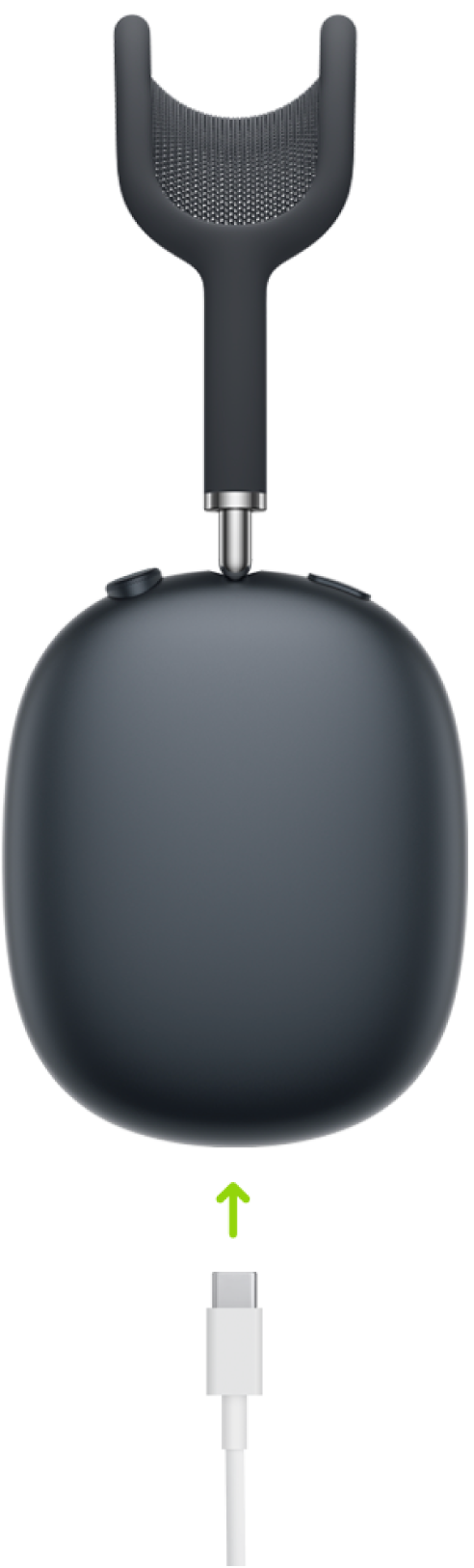 AirPods Max 2 오른쪽 이어폰 하단에 연결되는 USB-C 충전 케이블.