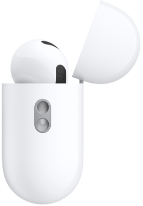 Partea laterală a casetei de încărcare pentru AirPods Pro 3, afișând inelul la care se atașează un șnur de transport.