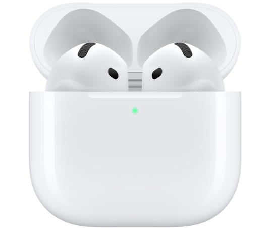 AirPods 4 în caseta lor de încărcare.