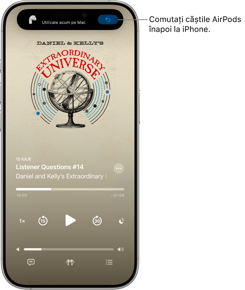 Ecran de blocare de pe iPhone, având în partea de sus un mesaj cu textul „Utilizate acum pe Mac” și un buton pentru a comuta căștile AirPods înapoi la iPhone.