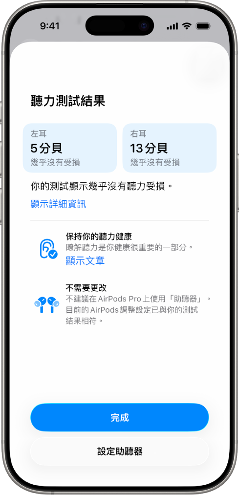 iPhone 上的「聽力測試」結果,顯示兩耳均為輕微到無聽力受損。底部是可點按「完成」或「設定助聽器」的選項。