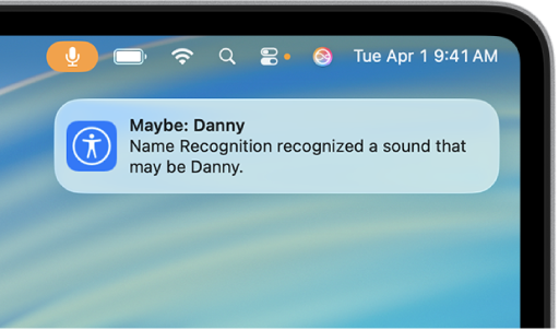 A notification is shown on a Mac desktop that Mac recognized a sound that may be a name.
