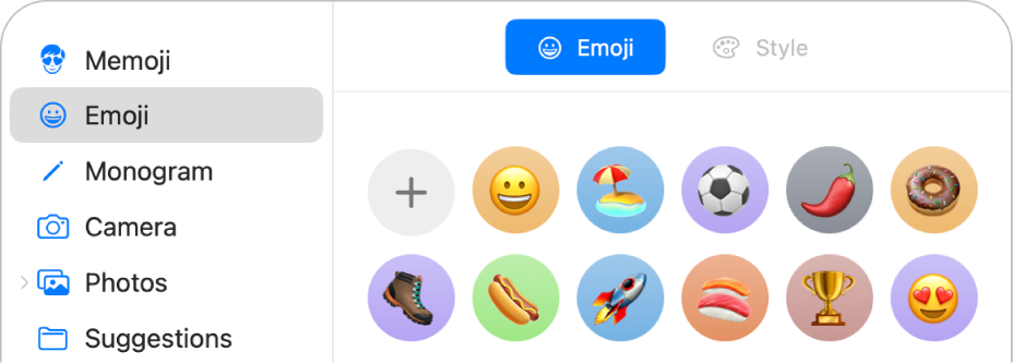 The Apple Account picture options with Emoji selected in the sidebar and various emoji shown.
