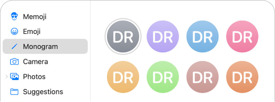 The Apple Account picture options with Monogram selected in the sidebar and various monograms shown.