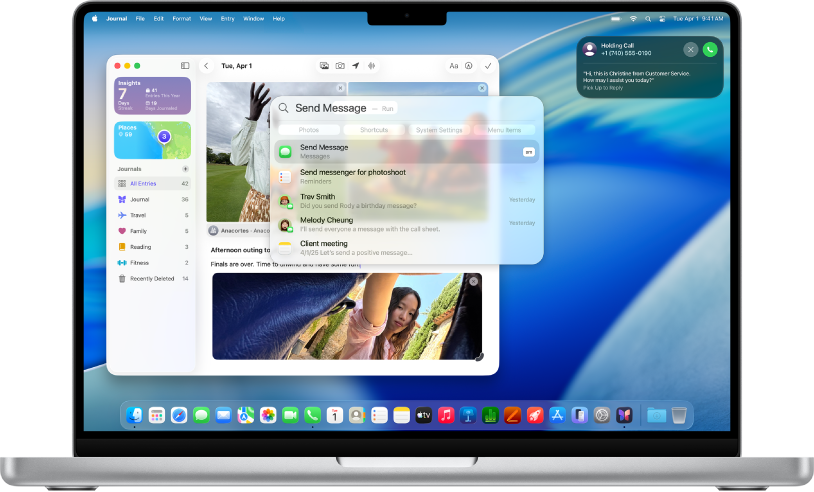 A Mac desktop showing the Journal app open behind a Spotlight search window with results below the search field. In the top-right corner, there’s a phone call on hold.