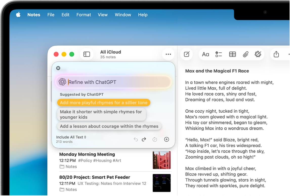 A Notes app window showing a story composed using Writing Tools and the ChatGPT extension. The Refine with ChatGPT dialog includes options to describe a change, choose ChatGPT suggestions, undo, rewrite, and add a photo or document.
