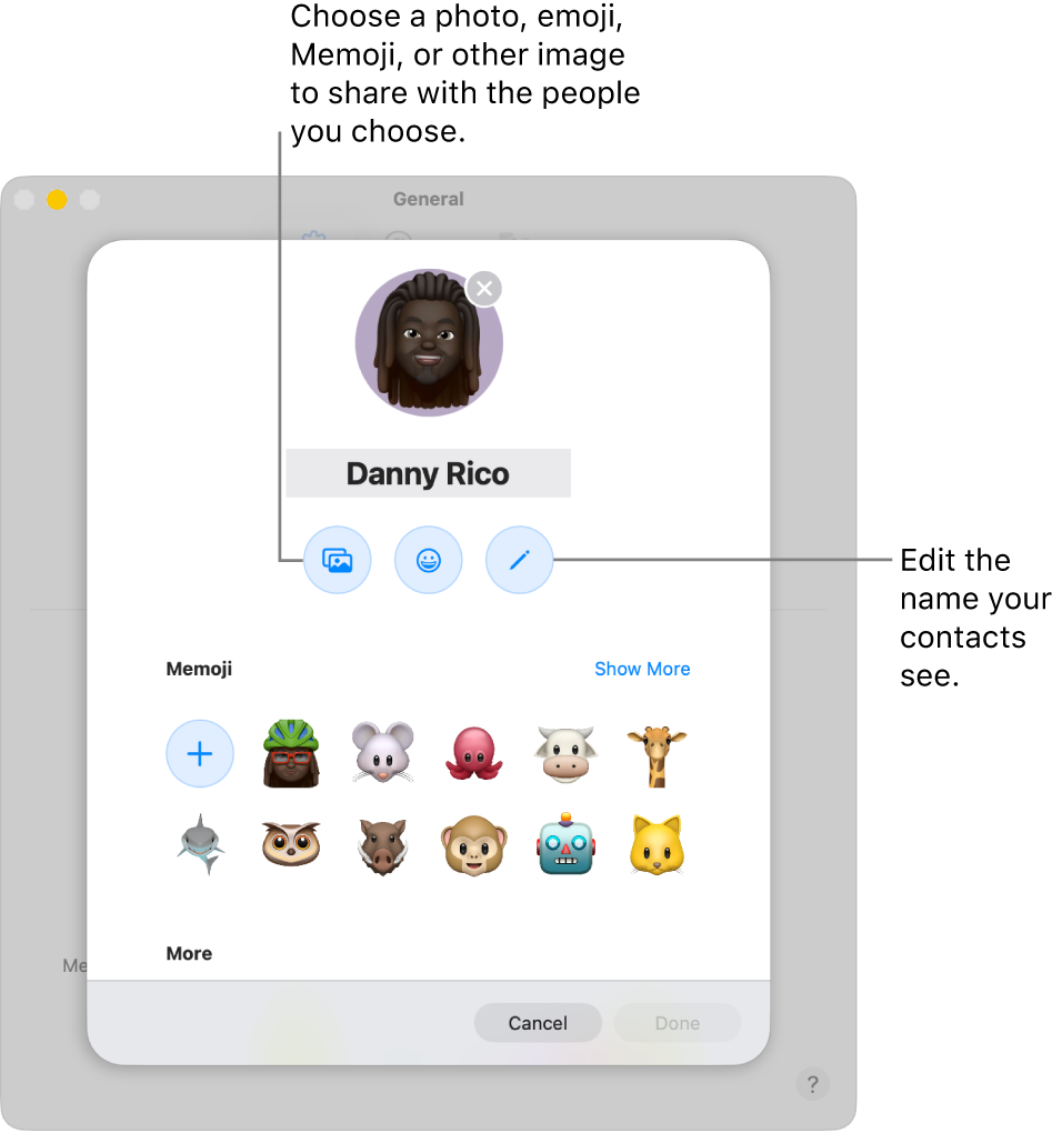 The Name and Photo Sharing dialog, showing options for editing the name your contacts see and choosing a photo, emoji, Memoji, or other image.