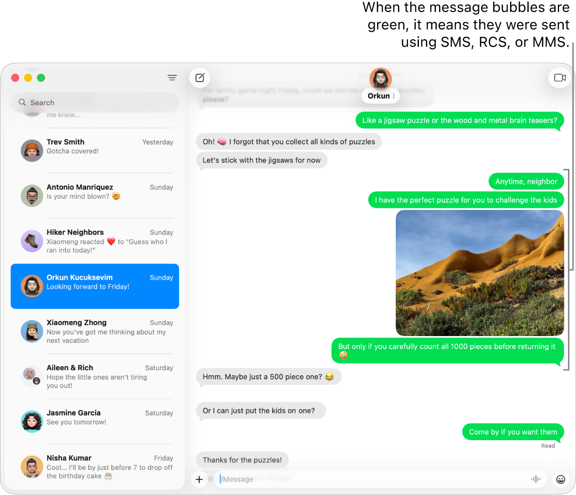 The Messages window with several conversations listed in the sidebar at the left, and a transcript showing at the right. The message bubbles are green, indicating they were sent as SMS, MMS, or RCS text messages.