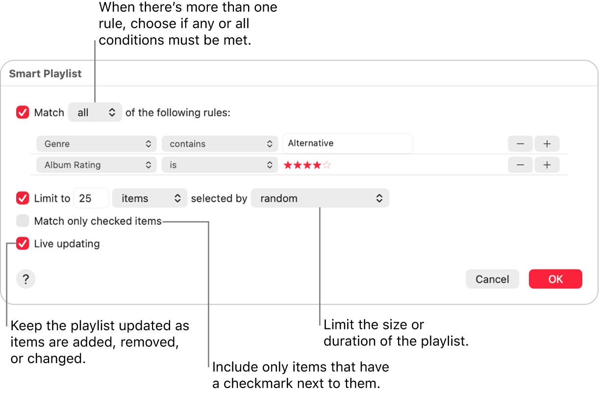 The Smart Playlist dialog: In the top-left corner, select Match, then specify the playlist criteria (such as genre or rating). Continue to add or remove rules by clicking the Add or Remove button in the top-right corner. Select various options in the lower portion of the dialog such as limiting the size or duration of the playlist, including only songs that are checked, or having Music update the playlist as items in your library change.
