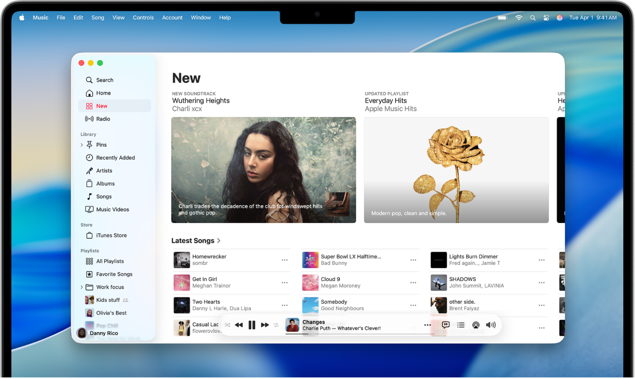 The Apple Music window showing the latest songs and soundtracks.