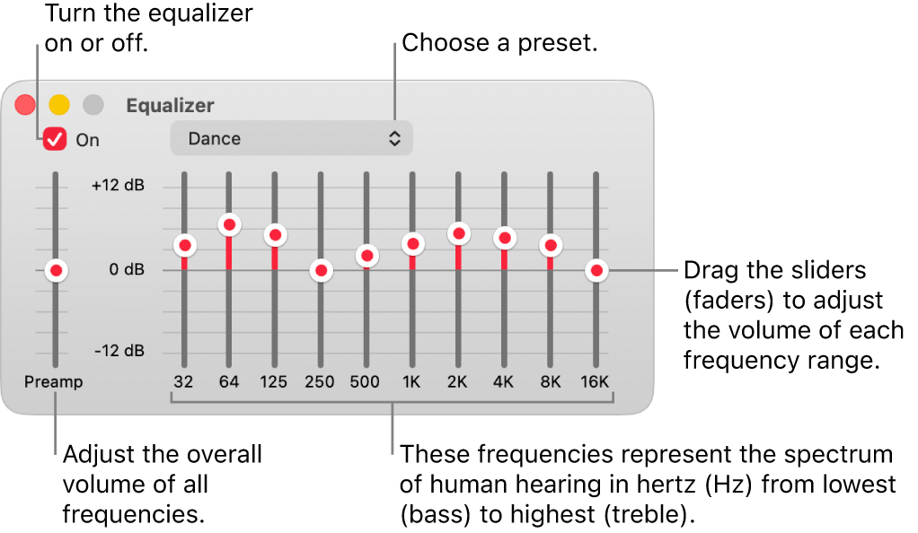The Equalizer window, showing controls to turn it on, choose presets, and adjust the volume of frequencies.