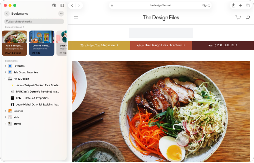 The Safari app showing websites organized into bookmarks in the sidebar, with a bookmarked website for a design publication shown on the right.