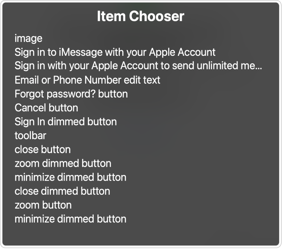 The Item Chooser panel listing items on the screen for quick navigation.