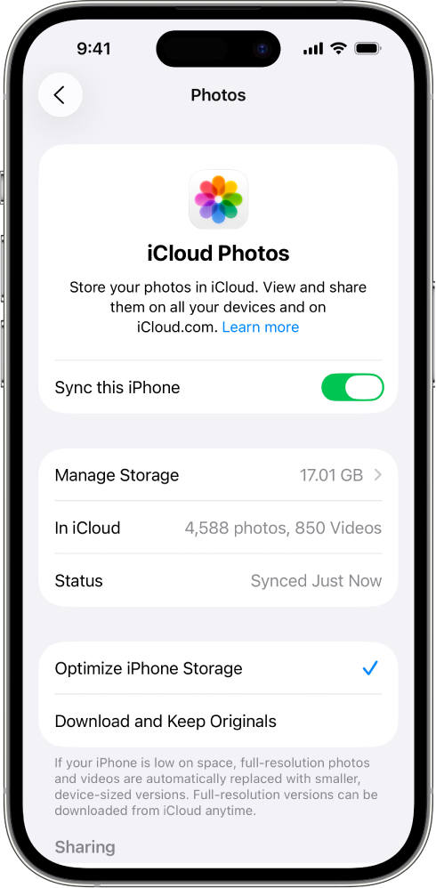 Écran Photos iCloud dans les réglages iCloud. L’option Synchroniser cet iPhone est activée.