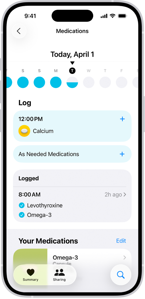 ఆరోగ్యం యాప్లో మందుల తేదీని, వాటి లాగ్ వివరాలను చూపుతున్న మందుల స్క్రీన్.