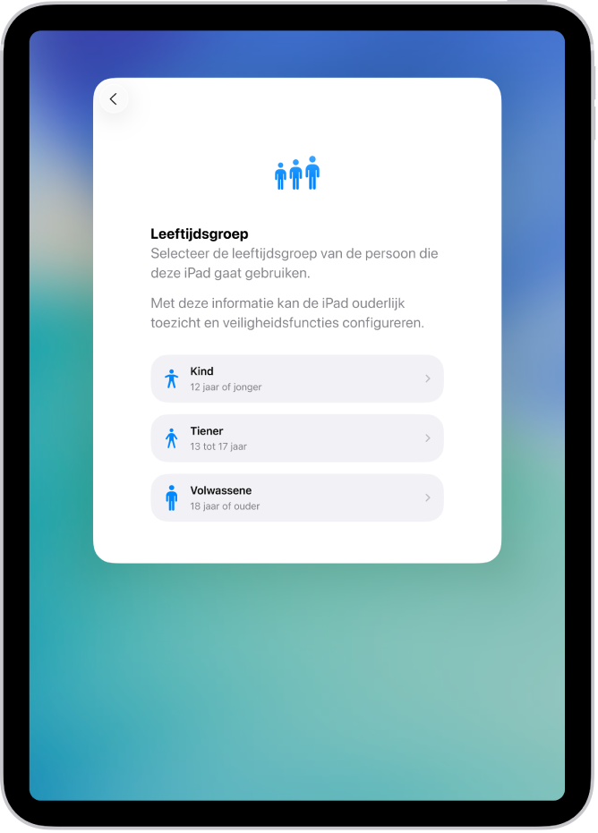 Het configuratiescherm 'Leeftijdsgroep'. Er worden drie leeftijdsgroepen genoemd: 'Kind (12 of jonger)', 'Tiener (13 tot 17)' en 'Volwassene (18 of ouder).