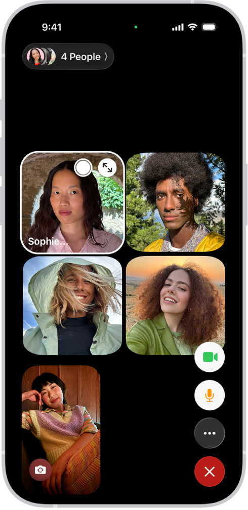 A Group FaceTime call with five participants. Each participant appears in a separate tile. The FaceTime controls are at the bottom-right side of the screen.