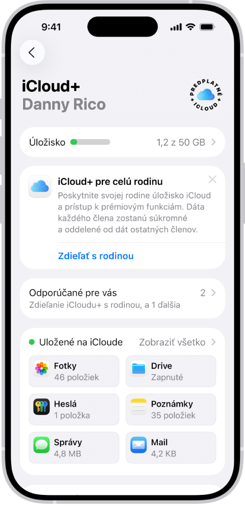 Obrazovka nastavení iCloudu s prehľadom využitia iCloud úložiska a zoznamom funkcií, ktoré je možné s iCloudom používať, napríklad Fotky, iCloud Drive a iCloud záloha.