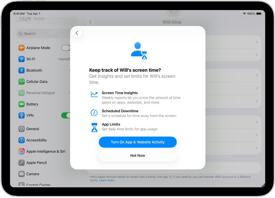 A Settings screen with a popover showing Screen Time set up.