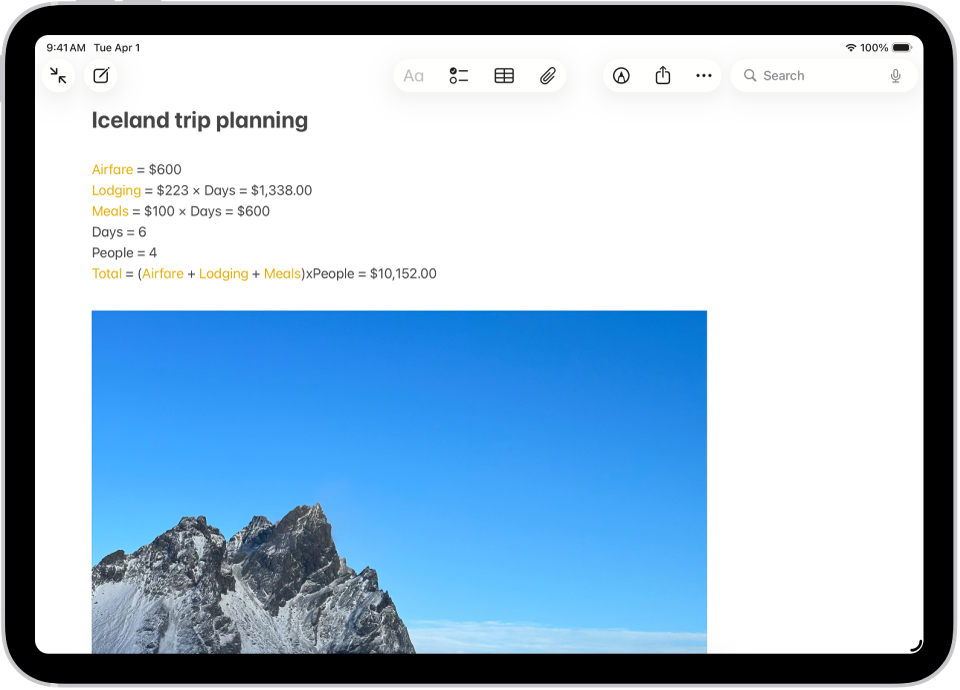 A note for planning a trip, with a calculation of the travel expenses and a photo.