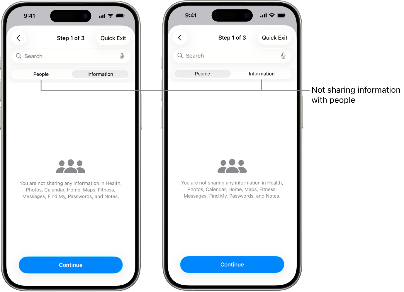 A screen showing that a user isn’t sharing any information with any other people by selecting the People and Information tab.