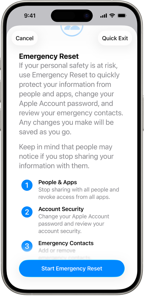 A screen showing the button to start Emergency Reset.