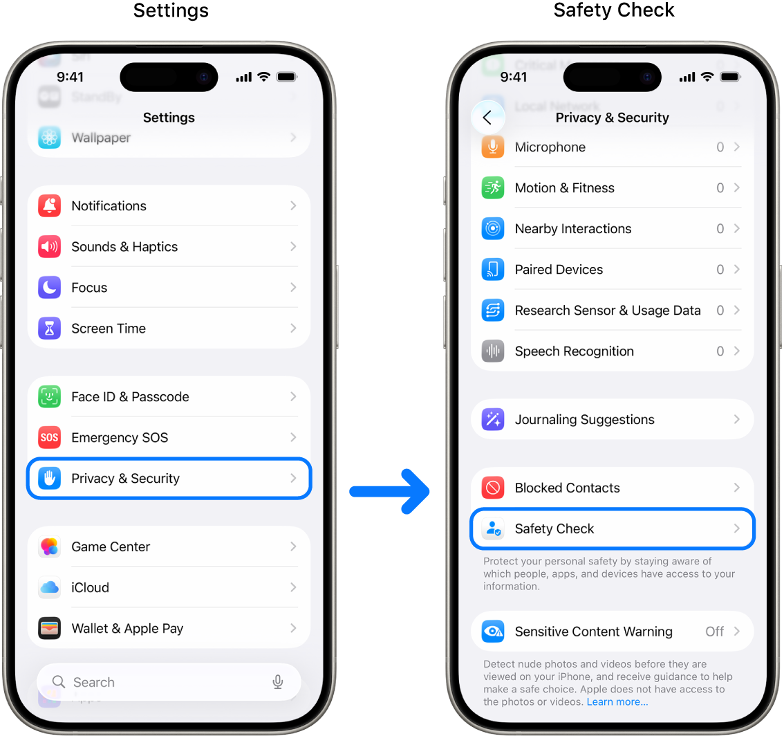 The way to access Safety Check from the Settings app.